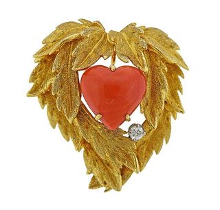 18k Gold Heart Coral Diamond Brooch Pendant