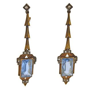 Art Deco 18k Gold Platinum Blue Spinel Diamond Earrings 