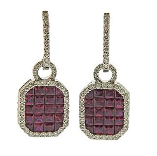 18k Gold Invisible Set Ruby Sapphire Reversible Diamond Earrings 
