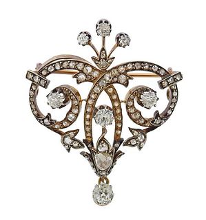  Antique 14k Gold Silver Diamond Brooch Pin
