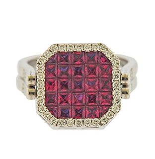 18k Gold Invisible Set Ruby Sapphire Reversible Diamond Ring