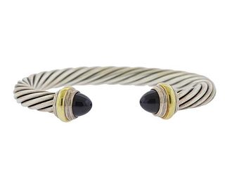 David Yurman Silver 14k Gold Onyx Cable Bracelet