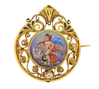 Antique 18k Gold Diamond Pearl Miniature Painting Brooch 