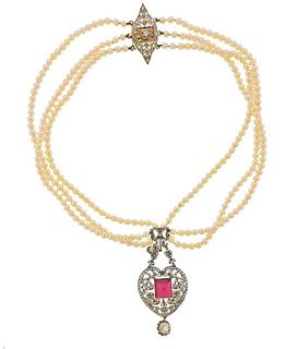 18k Gold Platinum Pearl Diamond Pendant Necklace 