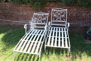 Pair Of Fine Quality Iron Chaise Lounges Signed