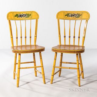 Pair of Yellow Rounded Tablet-top Paint-decorated Chairs