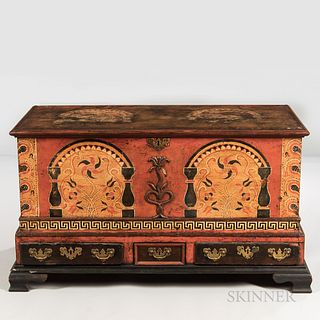 Paint-decorated and Carved Poplar Dower Chest