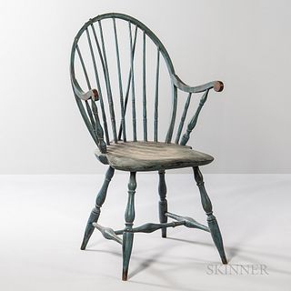 Blue-painted Applied-arm Braced Bow-back Windsor Chair