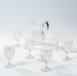 Ribbed Palm Pressed Glass Pitcher and Six Water Glasses