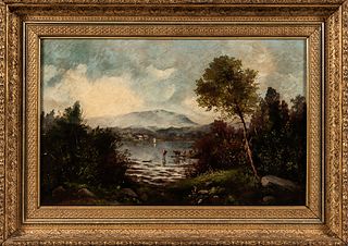 Hudson River School, Late 19th Century      River Scene with Mountains
