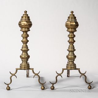 Pair of Brass and Iron Ring-stem Andirons