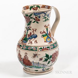 Staffordshire Enamel-decorated Salt-glazed Stoneware Jug