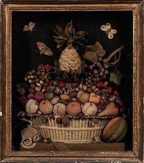 Stuffed and Embroidered Wool Felt Basket of Fruit Shadow Box