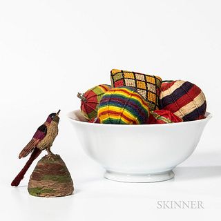 Group of Textile Items Including Six Multicolored String Balls and a Yarn Bird