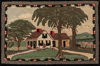 Hooked Rug with a House in a Landscape