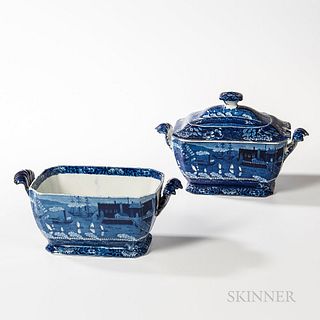 Two Staffordshire Historical Blue Transfer-decorated "Landing of Lafayette" Tureens