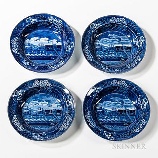 Four Staffordshire Historical Blue Transfer-decorated "Landing of Lafayette" Soup Plates