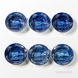 Six Staffordshire Historical Blue Transfer-decorated "Landing of Lafayette" Soup Plates