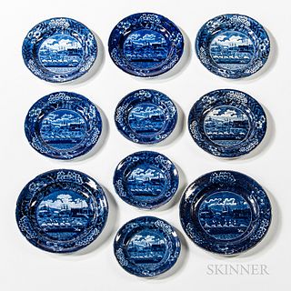 Nine Small Staffordshire Historical Blue Transfer-decorated "Landing of Lafayette" Plates