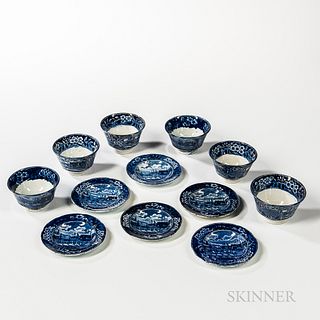 Six Staffordshire Historical Blue Transfer-decorated "Landing of Lafayette" Cups and Saucers