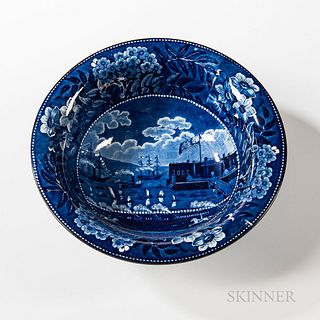 Staffordshire Historical Blue Transfer-decorated "Landing of Lafayette" Serving Bowl