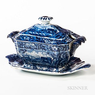 Staffordshire Historical Blue Transfer-decorated "Landing of Lafayette" Tureen and Undertray