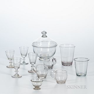 Eleven Early Blown Colorless Glass Table Items