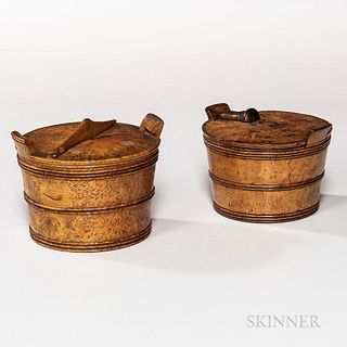Two Carved and Turned Burl Pail-shaped Locking Boxes