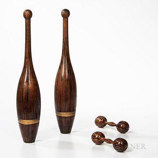 Pair of Striped Turned Wood Indian Clubs and Dumbbells