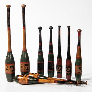 Nine Numbered Turned Wood Indian Clubs