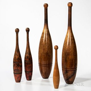 Two Pairs and a Single Turned Wood Indian Clubs
