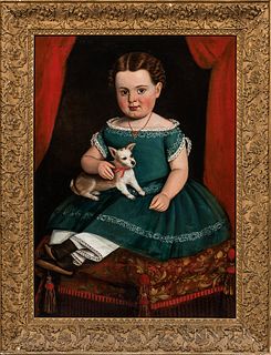 Prior-Hamblin School, Mid-19th Century      Portrait of a Girl in a Green Dress Holding a Puppy