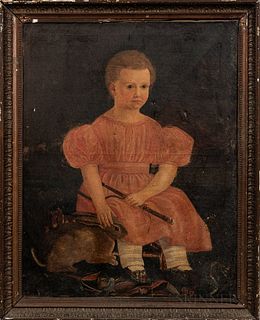 American School, 19th Century      Seated Child in a Pink Dress with Rabbit and Jester Doll