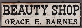 Painted "Beauty Shop/Grace E. Barnes" Trade Sign