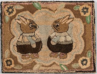 Hooked Rug with Two Bunnies