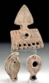 3 Eastern Roman Pottery Oil Lamps w/ Jewish Menorahs
