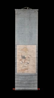 Japanese Edo Scroll Painting of Otsu-e Onna Komuso