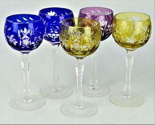 SET OF 5 BOHEMIAN CUT TO CLEAR WINE GLASSES