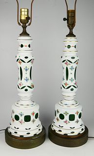 PAIR OF BOHEMIAN TALL WHITE TO GREEN FLORAL LAMPS