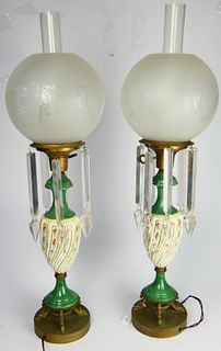 PAIR OF FANCY ANTIQUE CONTINENTAL HURRICANE LAMPS