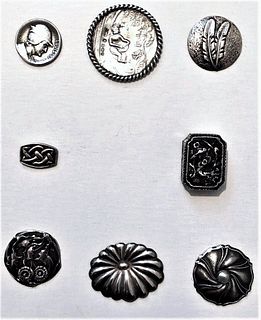 8 ASST'D SILVER PICTORIAL BUTTONS INCLUDING HALLMARKED