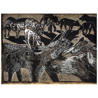 ALEJANDRA AGUILAR, Jauría II, Signed and dated 2018, Two-plaque woodcut C / A, 22 x 29.9" (56 x 76 cm), Certificate of authenticity