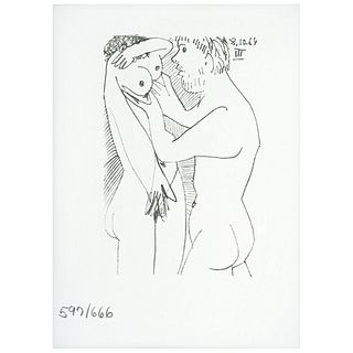 PABLO PICASSO, III, from the album Picasso Le Gout du Bonheur, 1970, Unsigned, Dated 8.10.64 on plate, Lithography 597 / 666, 8.2 x 5.5" (21 x 14 cm)
