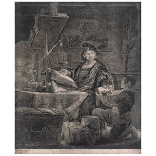REMBRANDT HARMENSZOON VAN RIJIN, The Gold Weigher, 1639, Plate signed and dated 1639, Etching and dry point, 9.4 x 7.8" (24 x 20cm)