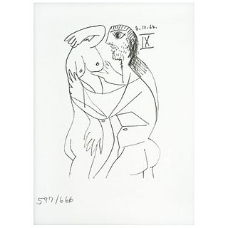 PABLO PICASSO, IX, from the album Picasso Le Gout du Bonheur, 1970, Unsigned, Dated 8.10.64 on plate, Lithography 597 / 666, 8.2 x 5.5" (21 x 14 cm)