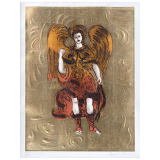 CARMEN PARRA, Arcángel San Rafael, Signed, Engraving and embossing with gold leaf 31 / 50, 28.7 x 22.8" (73 x 58 cm)
