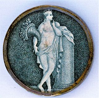 AN 18TH CENTURY FIGURAL ON PAPER UNDER GLASS BUTTON