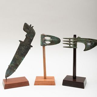 Luristan Bronze Axe Blade,  a Luristan Bronze Slotted Axe, and a Chinese Western Zhou Dynasty Dagger with Decorated Handle