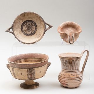 Group of Three Greek Painted Pottery Articles, possibly Indus Valley and a Roman Pottery Oil Lamp