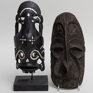 Papua New Guinea Carved Hardwood, Inlaid Shell and Glass Mask, Governor of Milne Bay